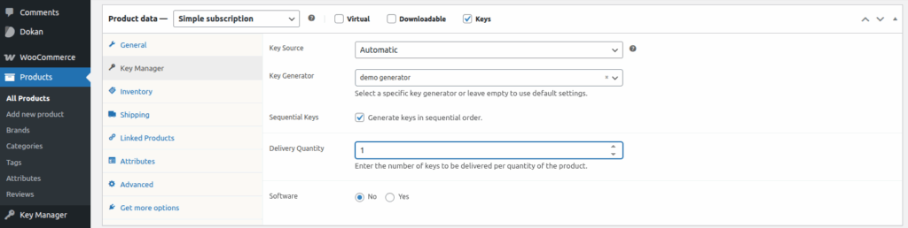 WooCommerce Subscription product enable key option.