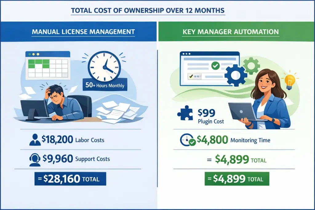 Cost comparison infographic showing manual license management at $28,160 annually versus Key Manager automation at $4,899 annually